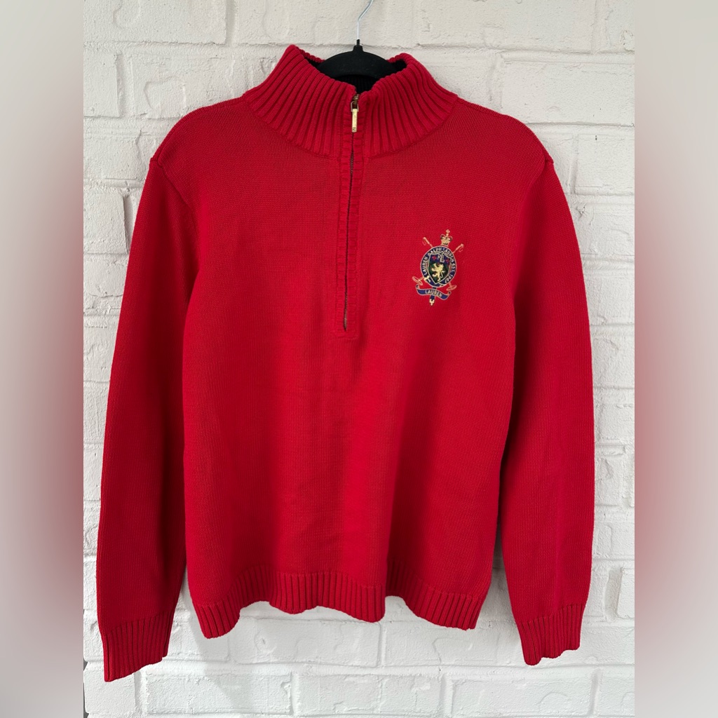 Vintage Lauren Ralph Lauren Red Crest Quarter Zip Sweater Women’s Size Xl